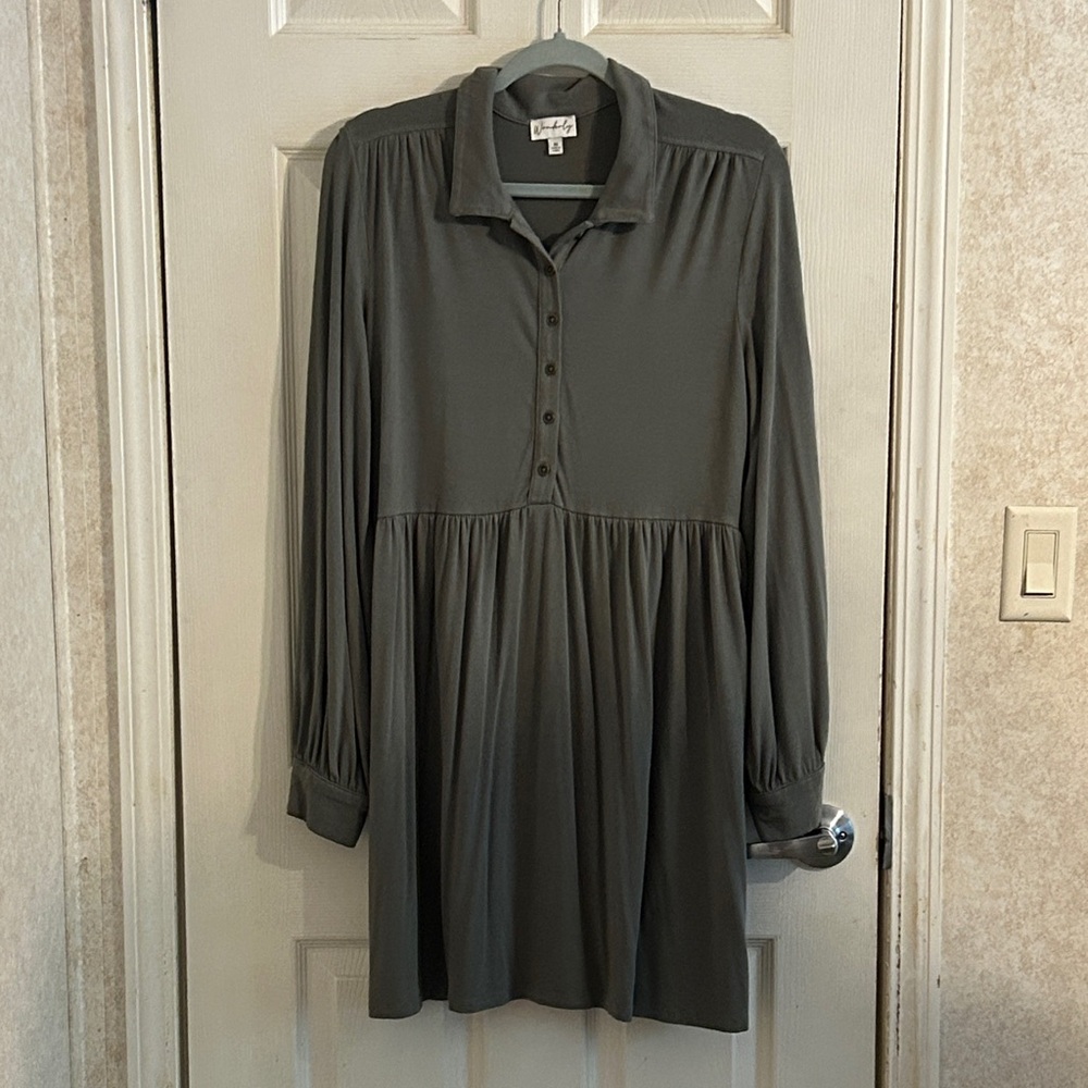 Wonderly Long Sleeve Button Front Smock Dress in Charcoal